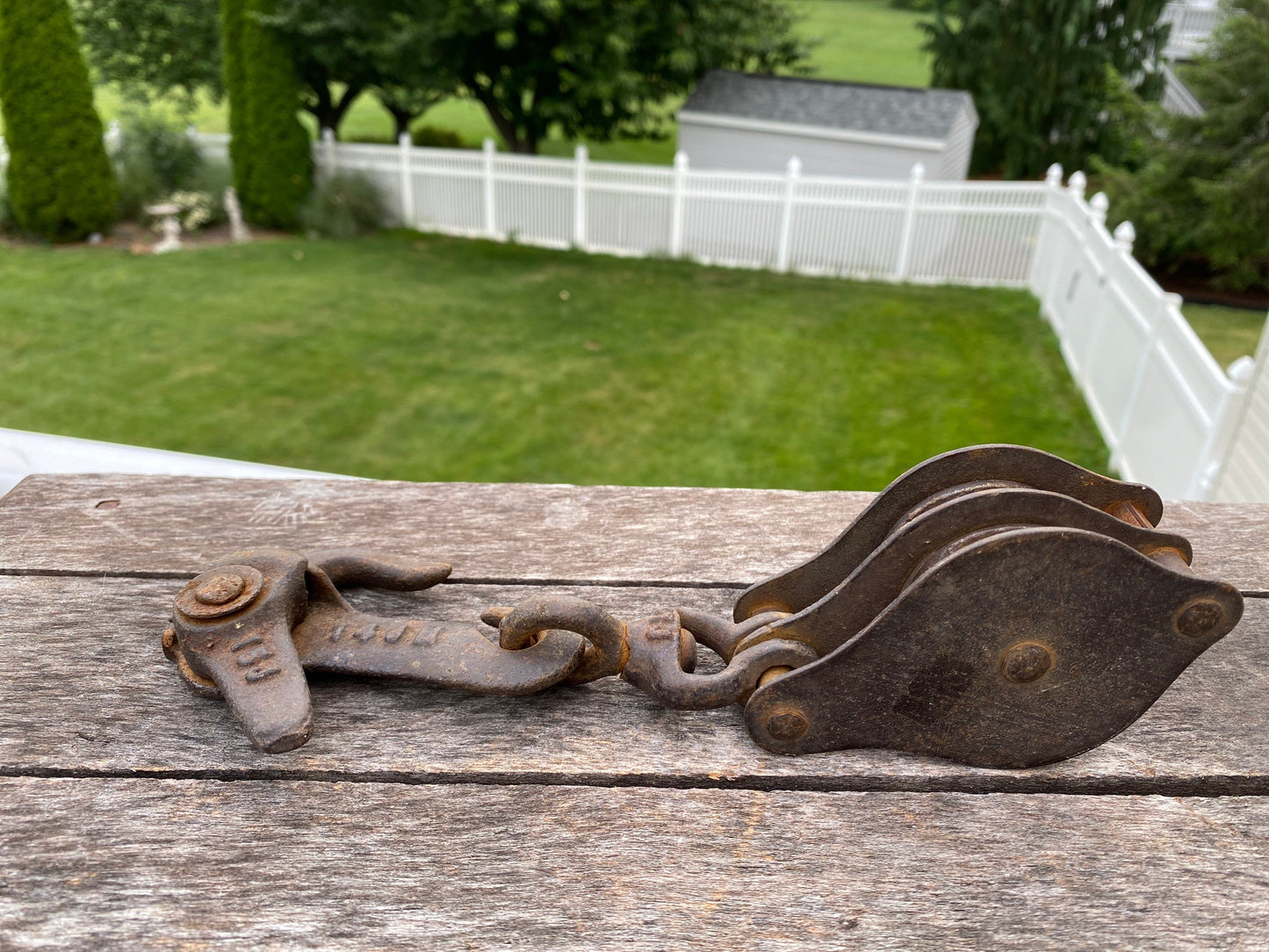 Vintage Unusual Block tackle pulley hanging swivel hook Industrial metal repurpose salvage part piece gadget barn farm patina