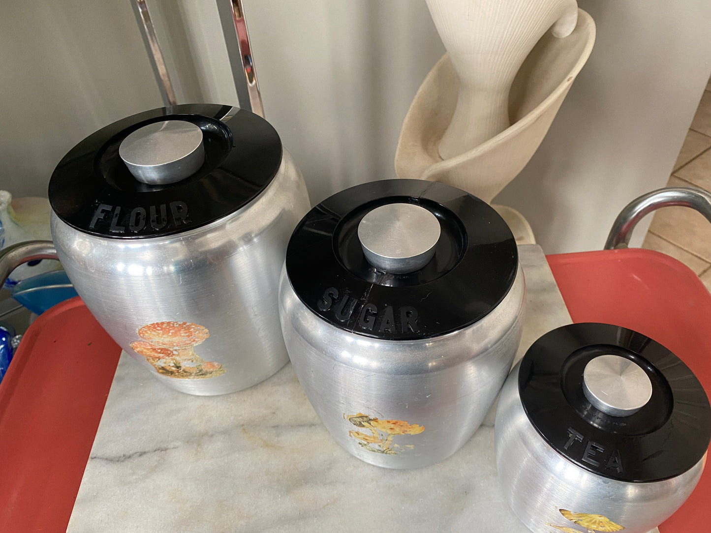 Vintage Kromex Canister Set | 1950s Brushed Aluminum  Canister Set of 3 | Mushroom Morof | Flour, Sugar Coffee | Shabby Chic