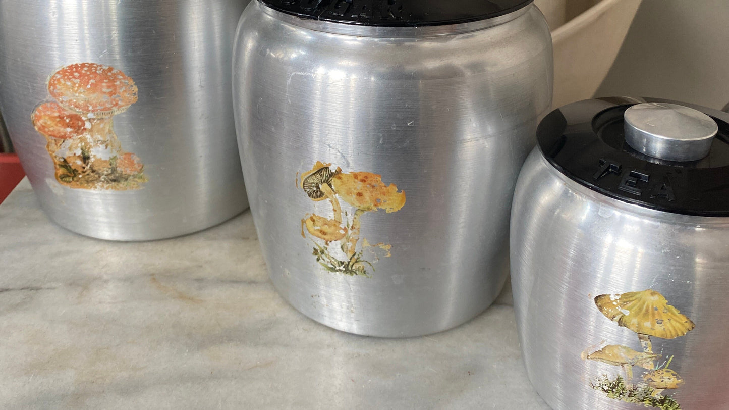 Vintage Kromex Canister Set | 1950s Brushed Aluminum  Canister Set of 3 | Mushroom Morof | Flour, Sugar Coffee | Shabby Chic