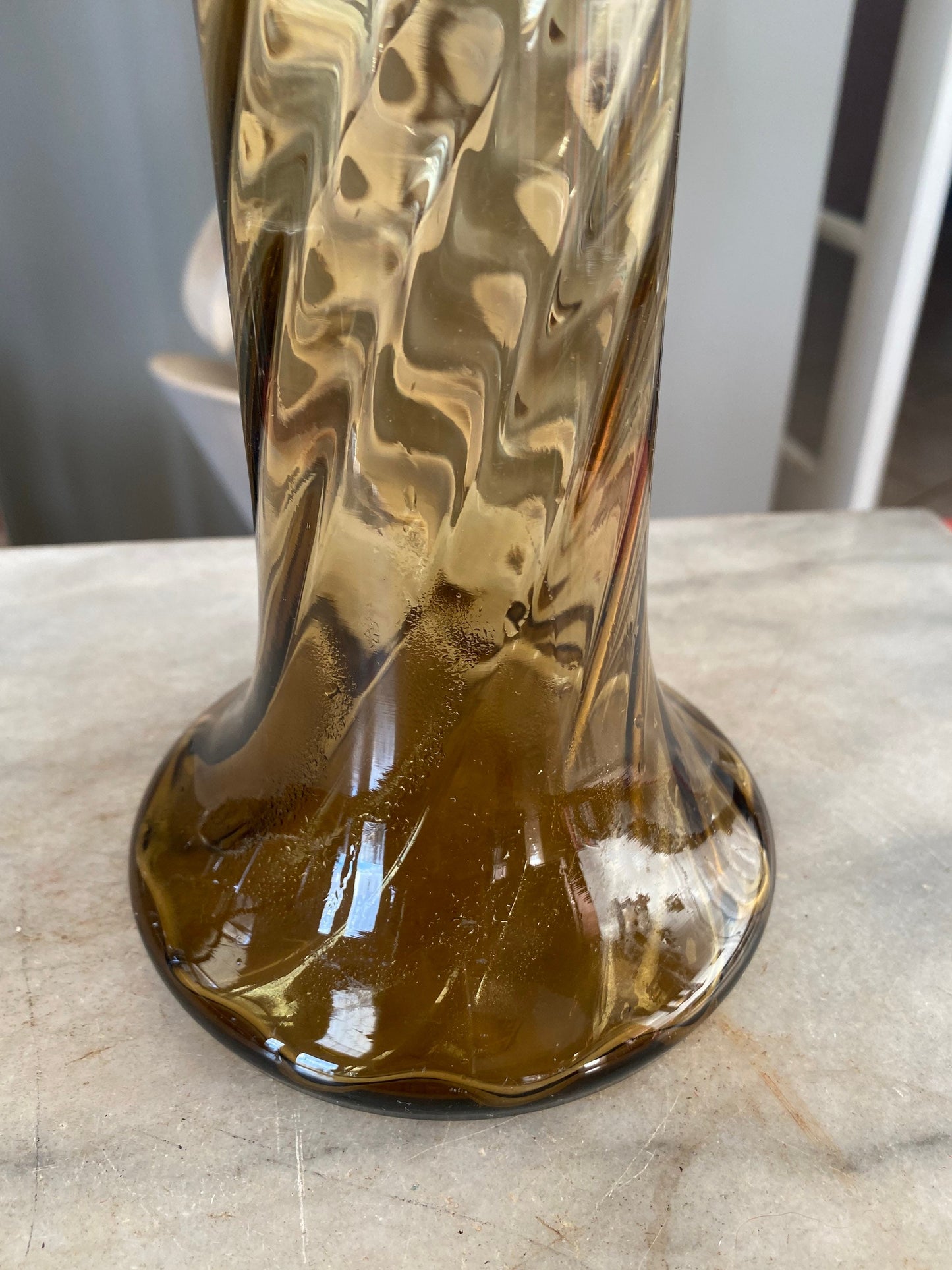 Vintage MCM Amber Empoli Glass Large Vase | Mid Century Modern Optic Swirl Amber Glass Vase | 18 x 5