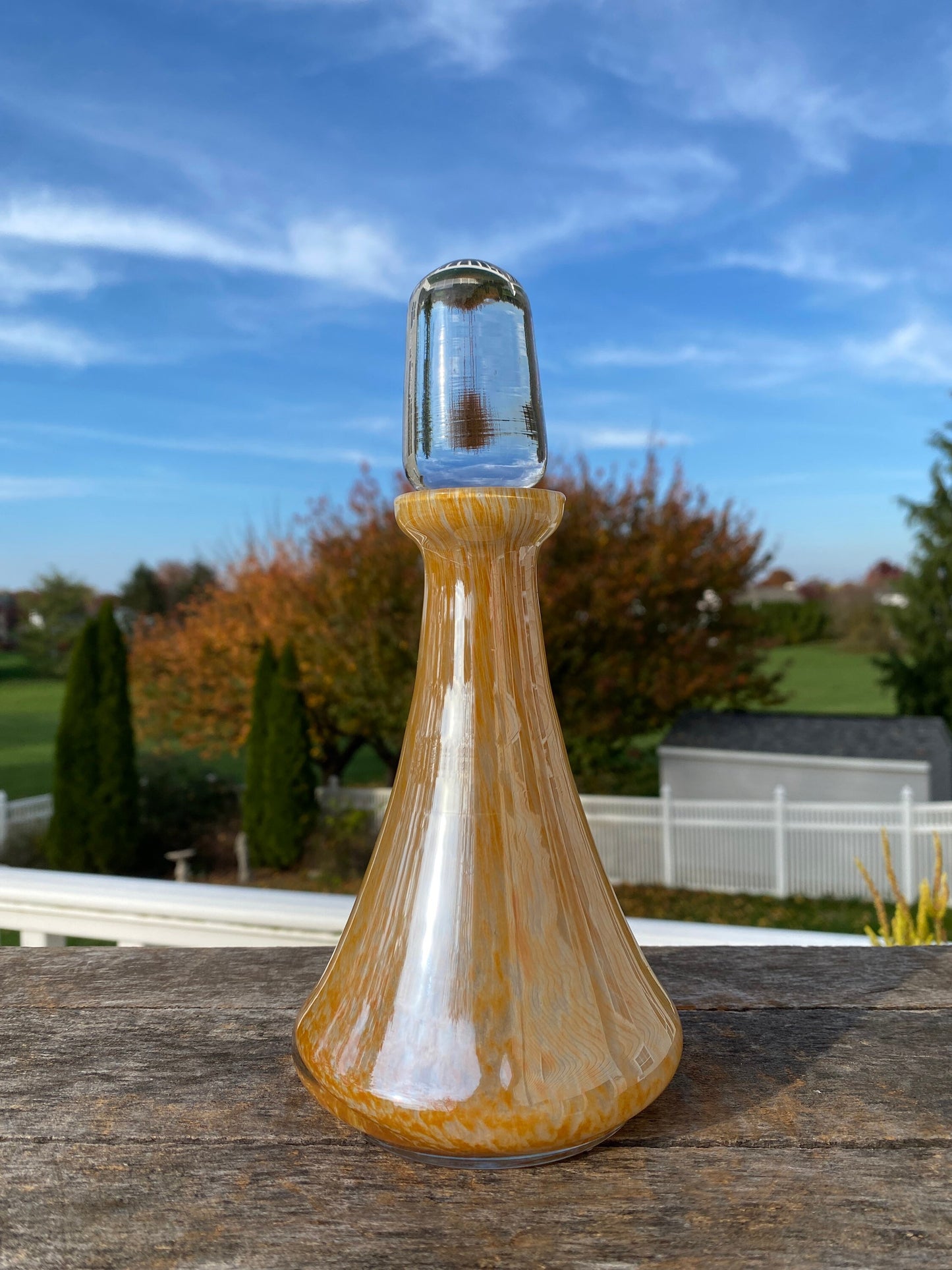 Vintage MCM Lavorazione Murano Glass Decanter Orange w/Gold Flecks Clear Lid | Made in Italy | 7.5”