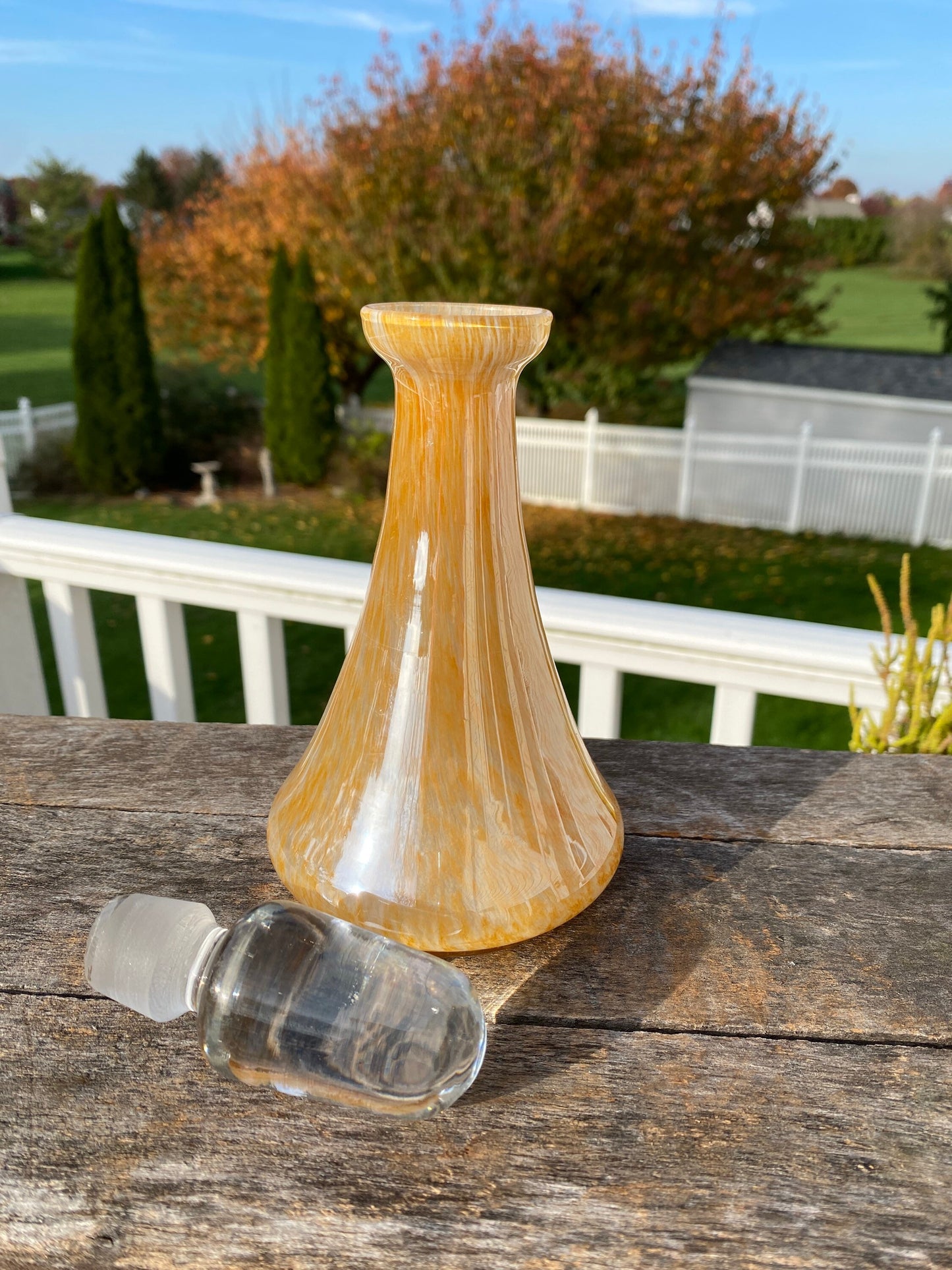 Vintage MCM Lavorazione Murano Glass Decanter Orange w/Gold Flecks Clear Lid | Made in Italy | 7.5”