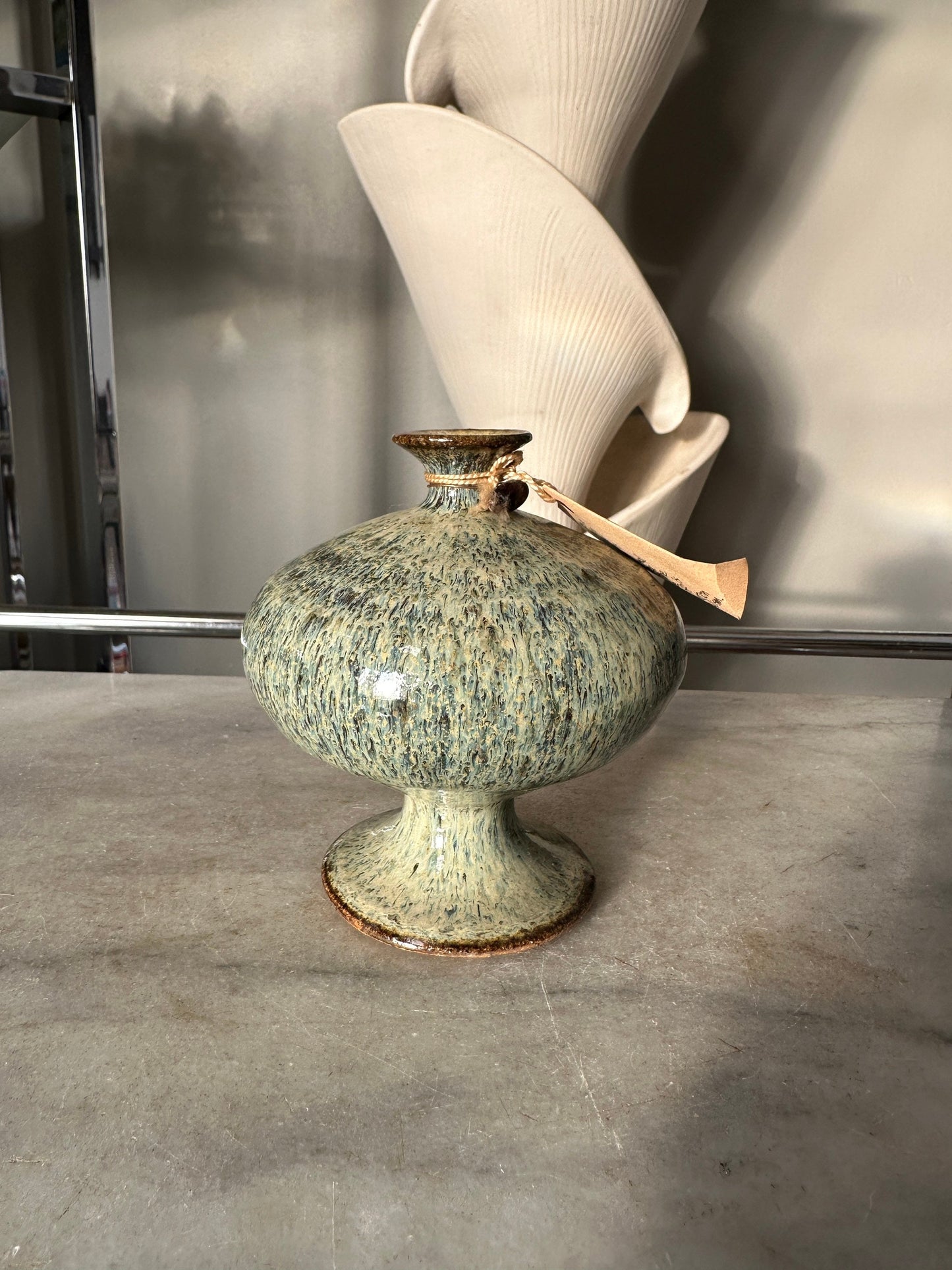 Vintage Pottery / Stoneware Oil Candle in Green and Grey Speckled Glaze / Hand Crafted Art Pottery / Feather River Pottery