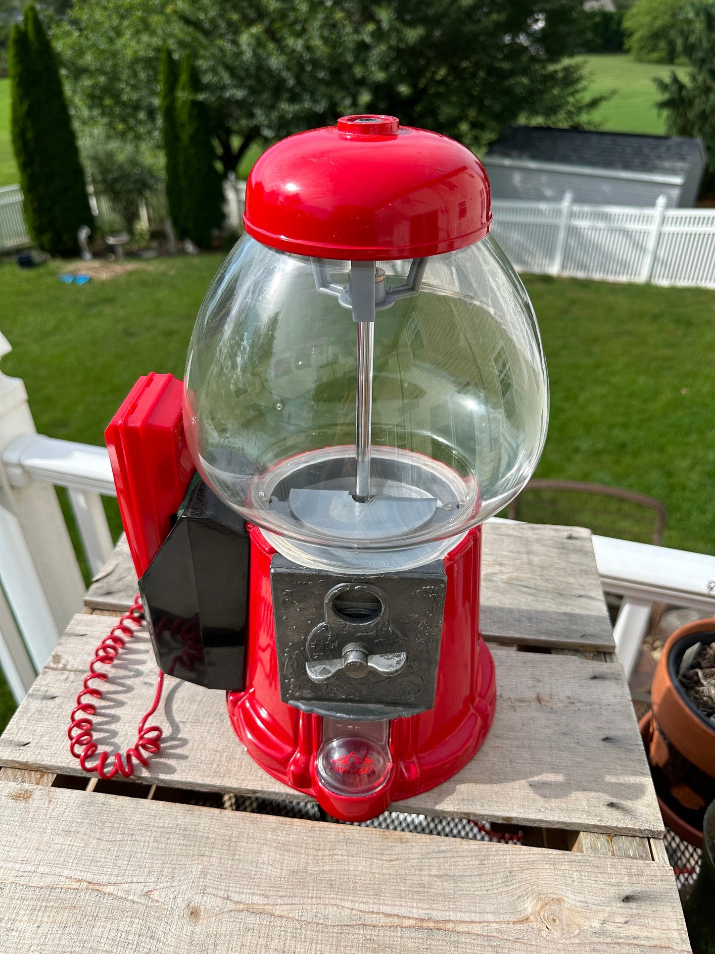 Vintage Bubble Gum Machine with Attached Telephone-Bright Red Metal Gumball Machine w/Red Plastic "Snappy" Phone by Tectel Inc-Collectible