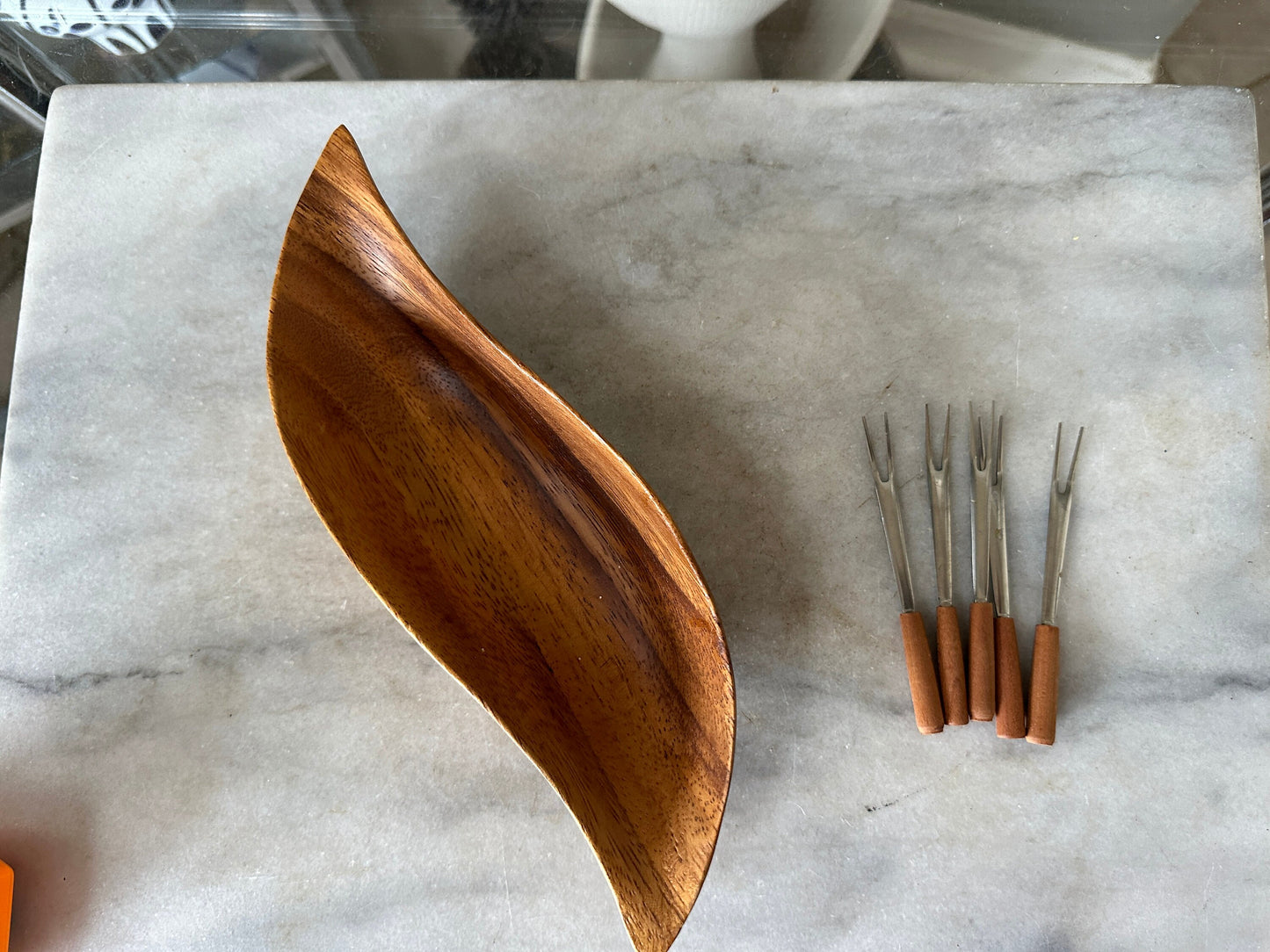 MCM Monkeypod Abstract Wave Bowl and Mi i Serving Fork Set | Blair