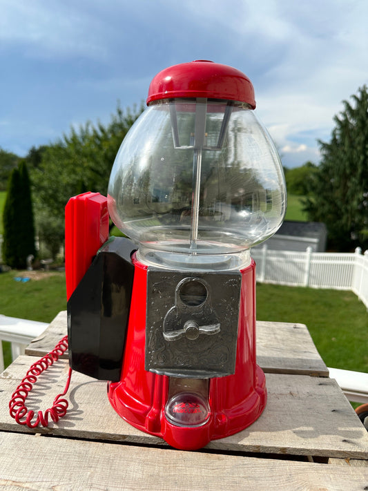 Vintage Bubble Gum Machine with Attached Telephone-Bright Red Metal Gumball Machine w/Red Plastic "Snappy" Phone by Tectel Inc-Collectible