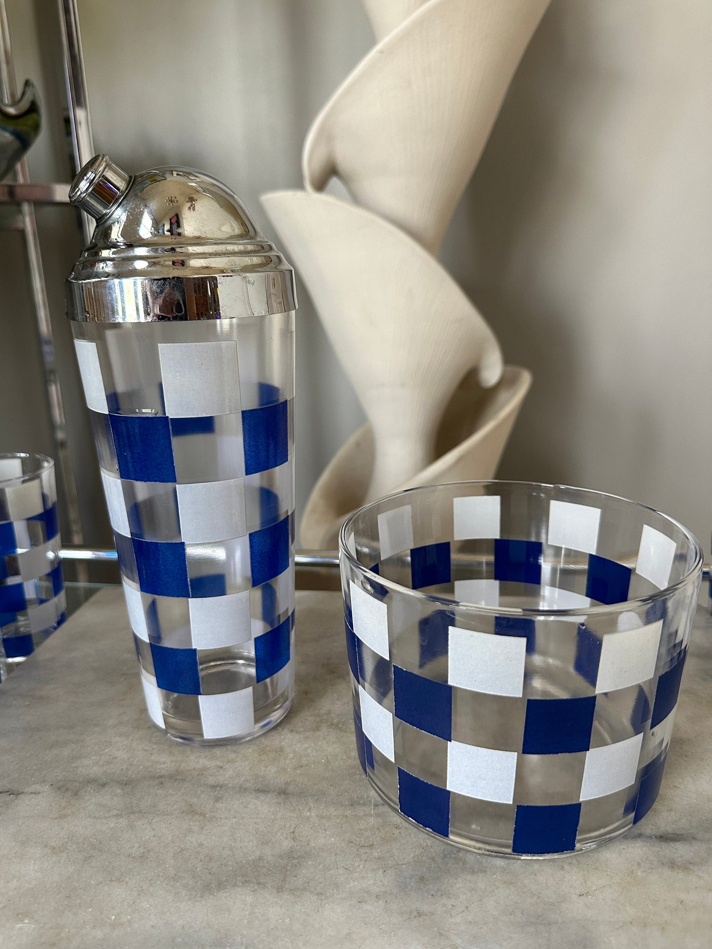 Vintage MCM 1950s Blue and White Checkered Cocktail Set - Shaker, Ice Bucket, Tumblers, Stirrers | Vintage Narware | Retro Barware