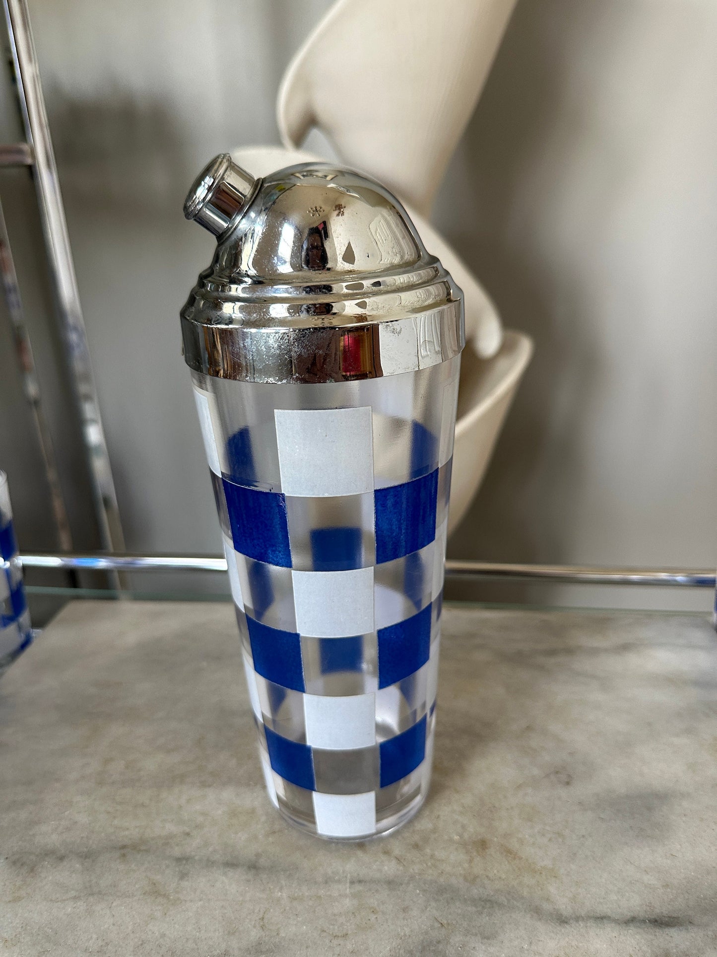 Vintage MCM 1950s Blue and White Checkered Cocktail Set - Shaker, Ice Bucket, Tumblers, Stirrers | Vintage Narware | Retro Barware