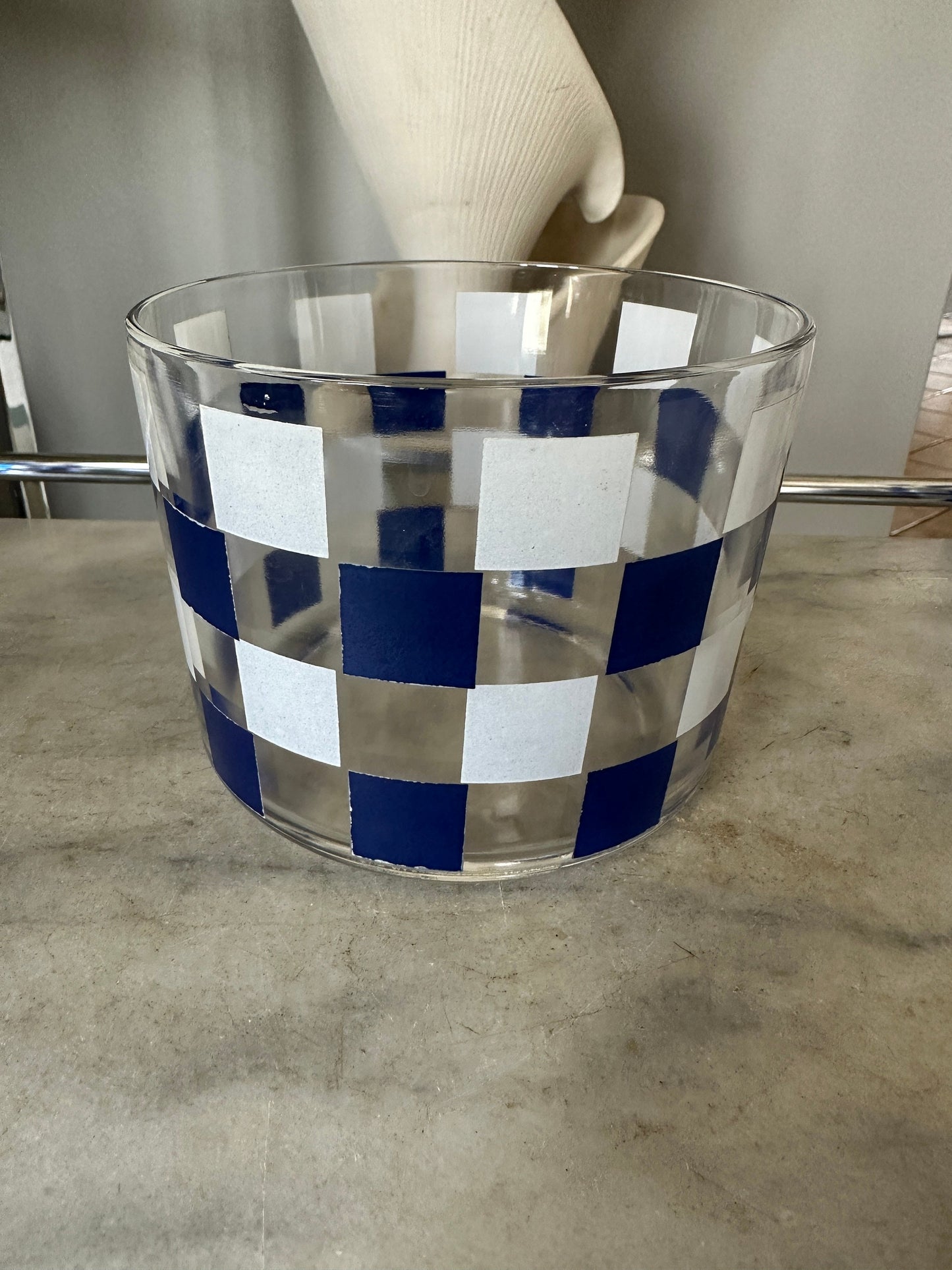 Vintage MCM 1950s Blue and White Checkered Cocktail Set - Shaker, Ice Bucket, Tumblers, Stirrers | Vintage Narware | Retro Barware