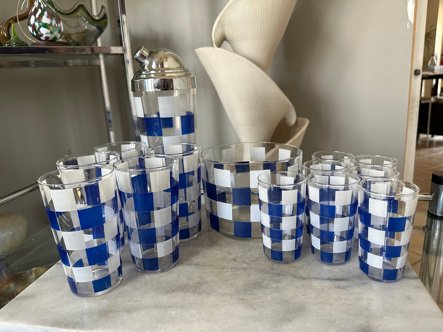 Vintage MCM 1950s Blue and White Checkered Cocktail Set - Shaker, Ice Bucket, Tumblers, Stirrers | Vintage Narware | Retro Barware