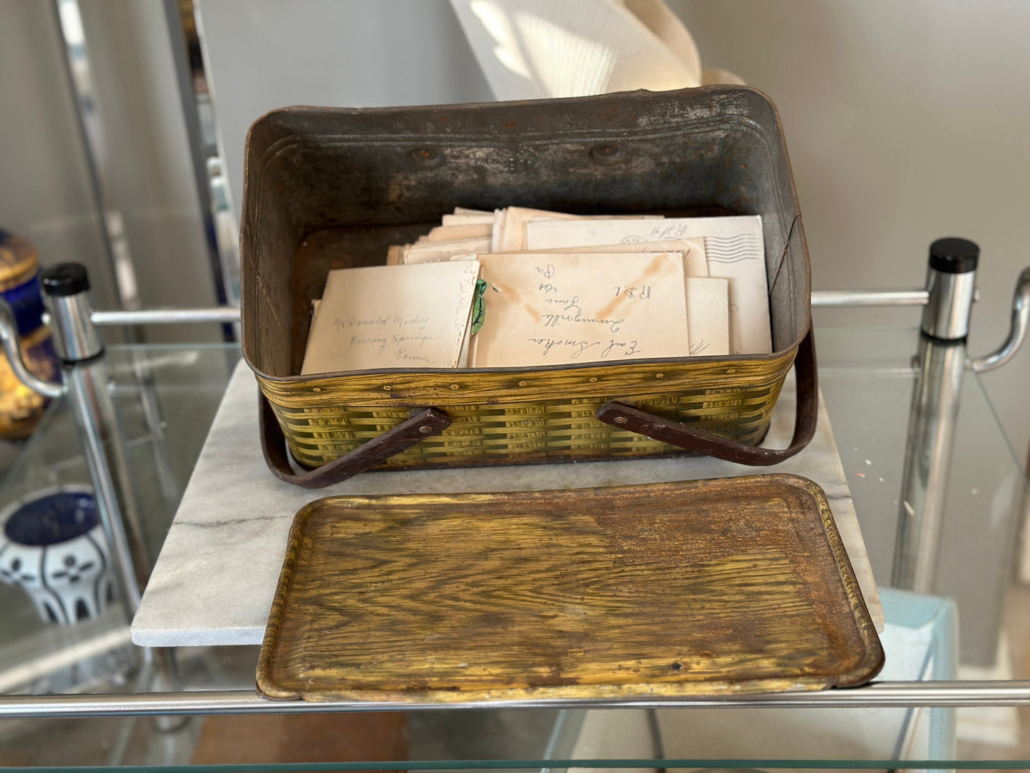 Vintage Shabby  Metal Picnic Basket Containing Over 50  Vintage Greeting Cards fromThe 1930s/1940s