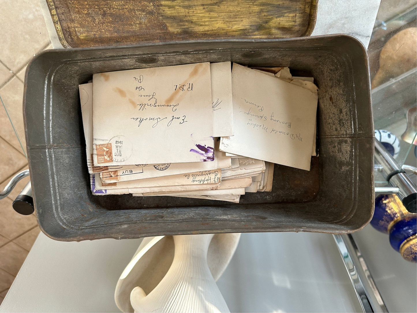 Vintage Shabby  Metal Picnic Basket Containing Over 50  Vintage Greeting Cards fromThe 1930s/1940s