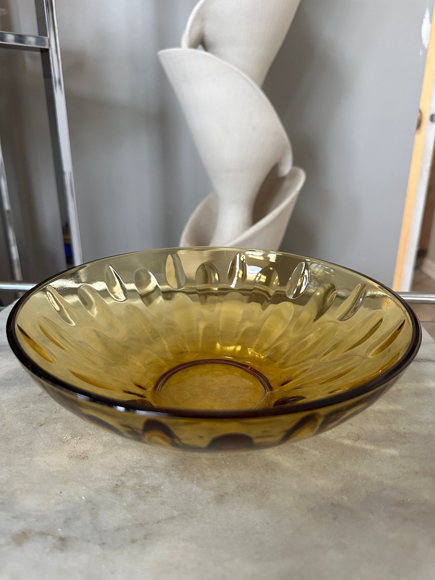 Vintage MCM Medium Sized Amber Thumbprint Glass Bowl  | Mid Century Modern Teardrop Thumbkrknt