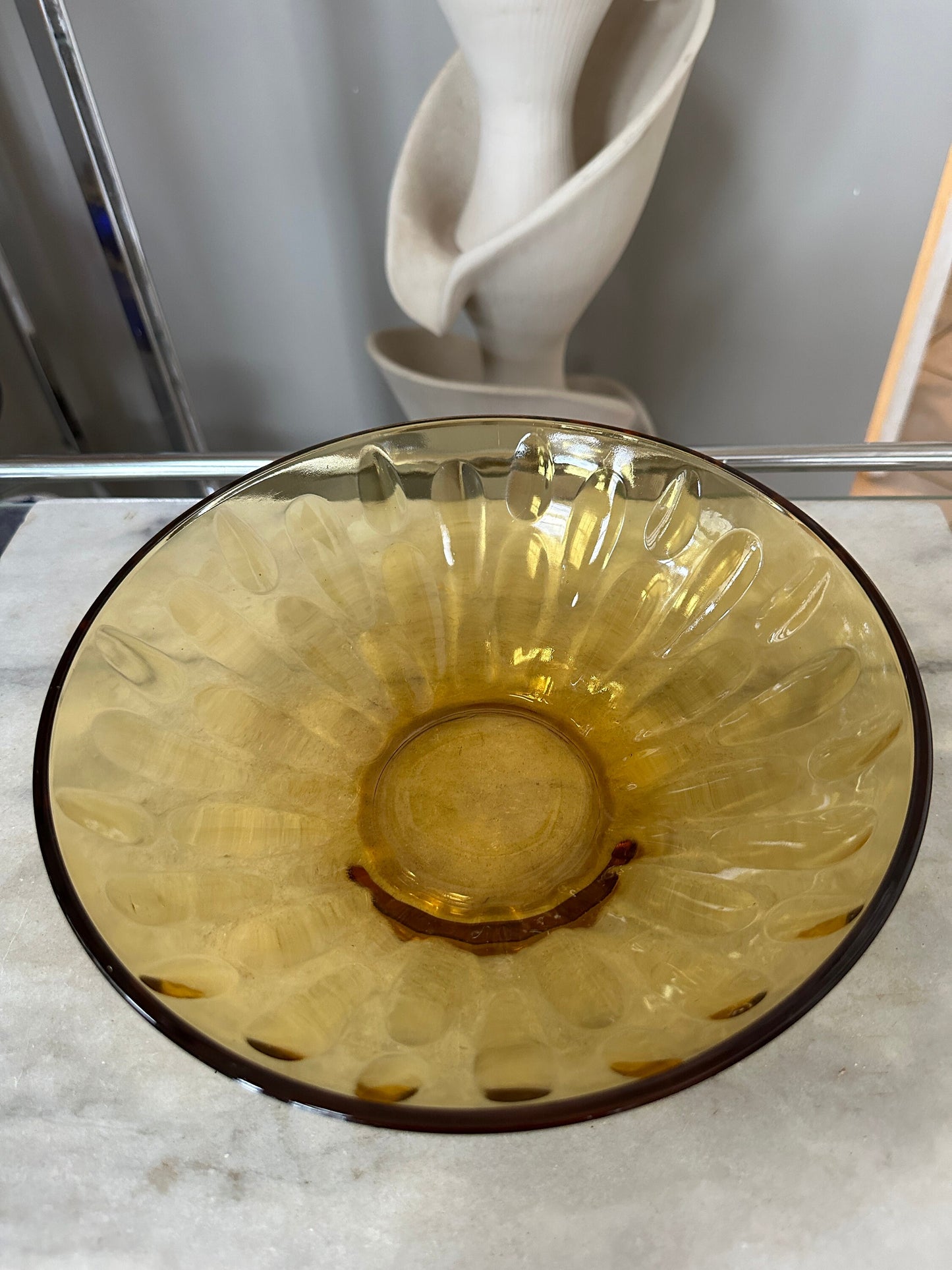 Vintage MCM Medium Sized Amber Thumbprint Glass Bowl  | Mid Century Modern Teardrop Thumbkrknt