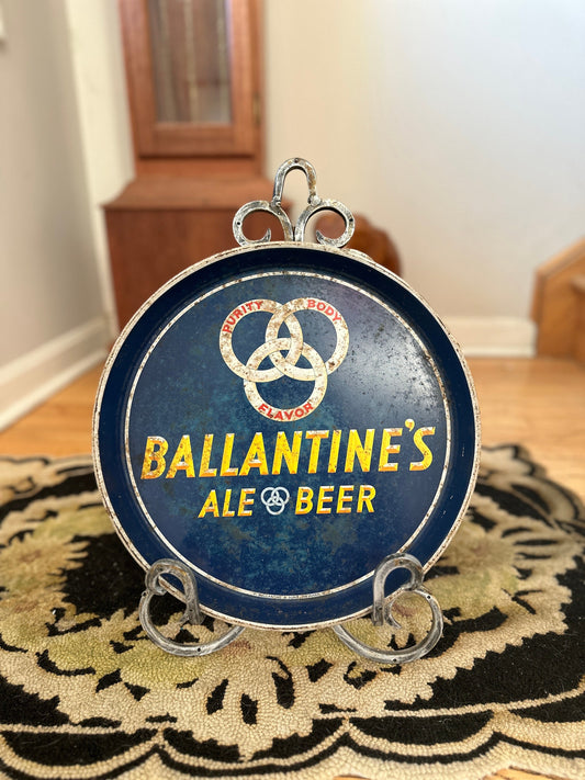 Vintage Ballantine's Ale Beer Trinity Round Metal Tray. Blue, White